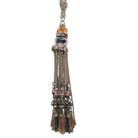 Crystal Chandelier Tassel Pendant Necklace, Soft Pink and Grey on Silver Tone - Picture 4 of 6